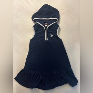 Navy Hooded Dress with White Trim